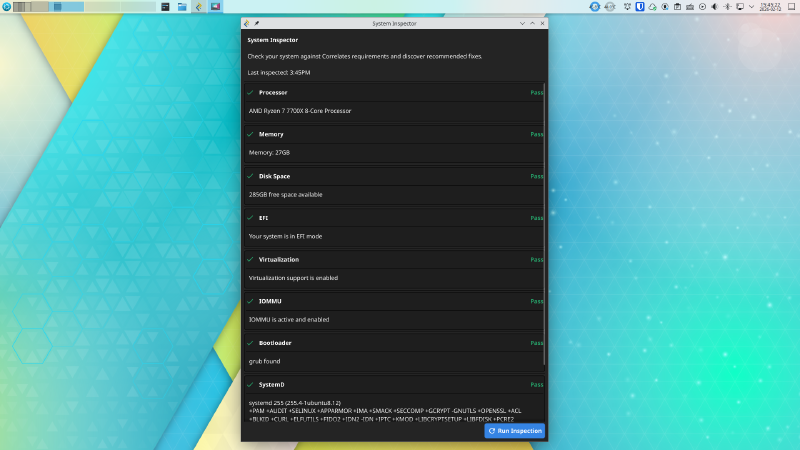 Correlates system inspector showing all checks passing